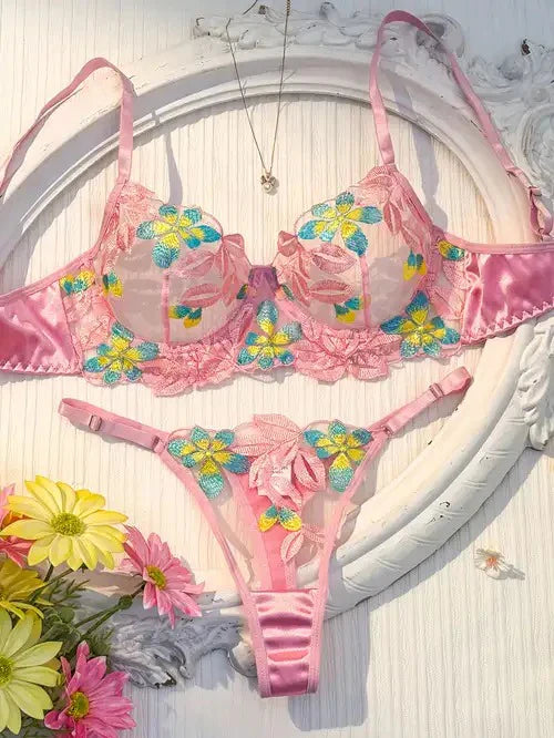 Premium Floral Embroidered Net Bra Set