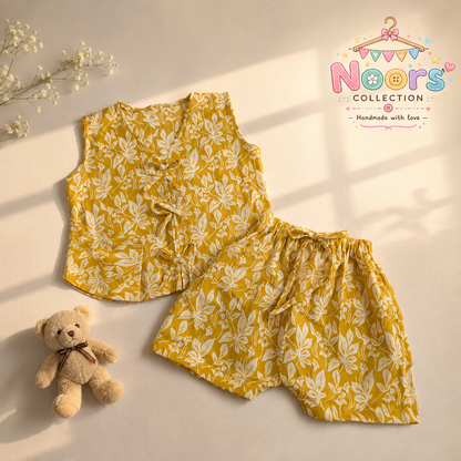 Girls Mustard Floral Co-ord Set – Top & Shorts- Noor's Collection
