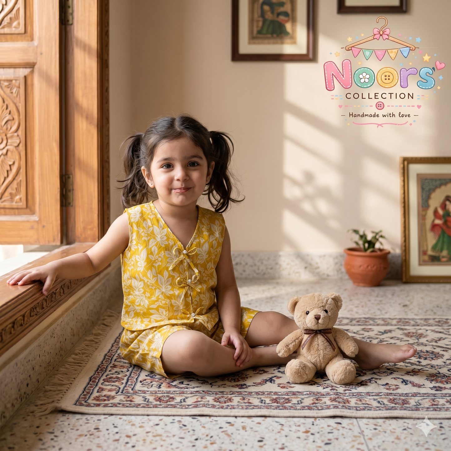 Girls Mustard Floral Co-ord Set – Top & Shorts- Noor's Collection