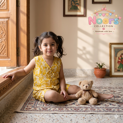 Girls Mustard Floral Co-ord Set – Top & Shorts- Noor's Collection