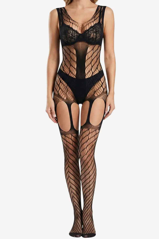 Siren Diagonal Net Suspender Cuts Body Stocking