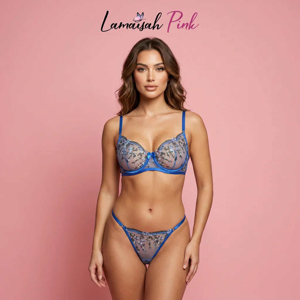 Premium Floral Embroidered Net Bra Set