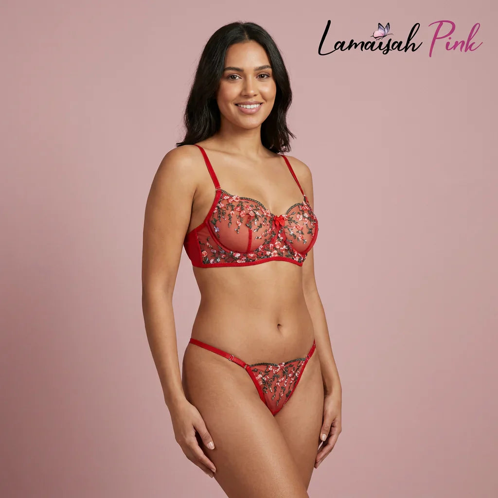 Premium Floral Embroidered Net Bra Set